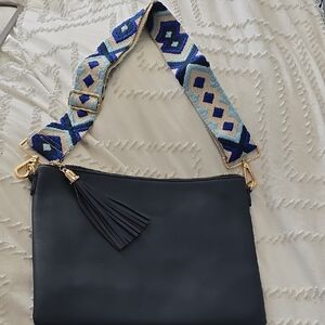 Stylish Blue Crossbody Bag with Blue Patterned Strap